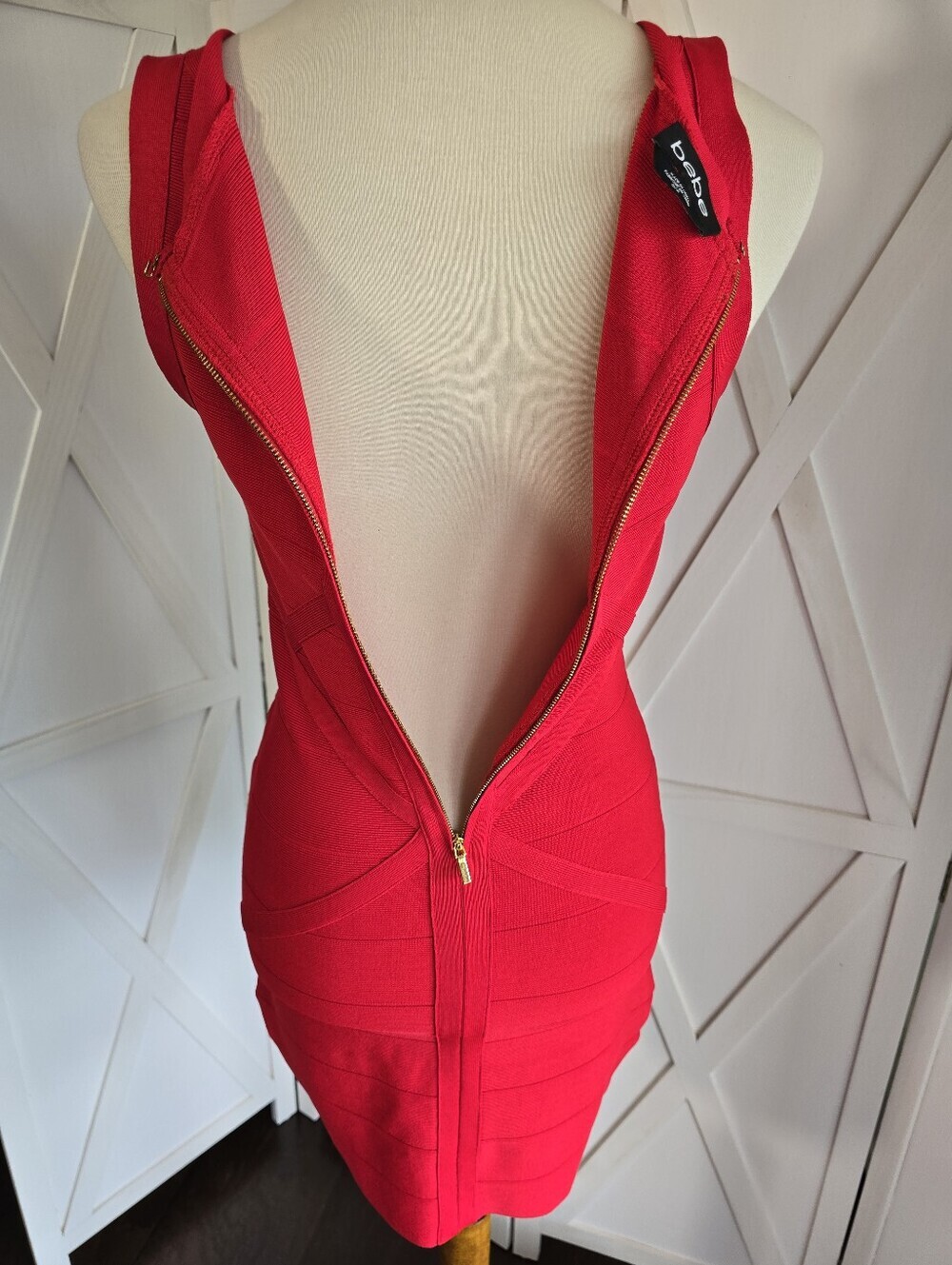 Bebe Hot Red Sleeveless V-Neck Mini Dress with Decorative Gold Bars - Picture 7 of 10